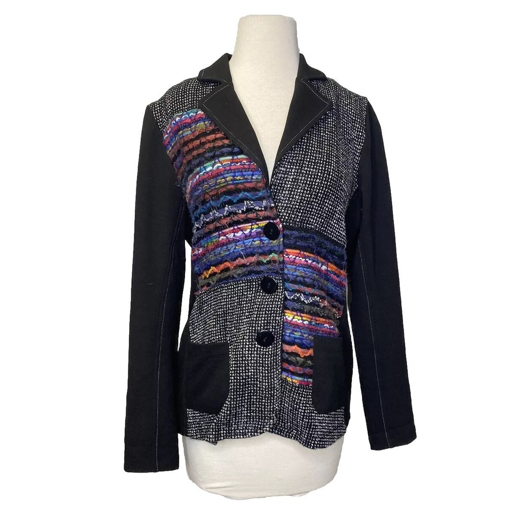 Dolcezza Medium Knit Blazer Jacket Black Colorful Textured Boucle Art Wear Boho